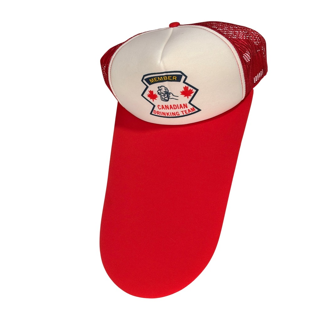 Vintage 80s‎ Canadian Drinking Team Extra Long Bill Trucker Hat Red White Mesh